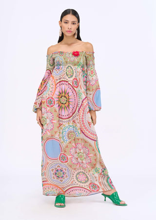 Multicolor Smocking Off-Shoulder Dress by Siddhartha Bansal, available on Indiaspopup.com