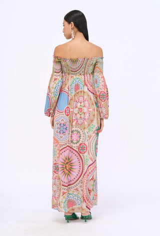 Multicolor Smocking Off-Shoulder Dress by Siddhartha Bansal, available on Indiaspopup.com
