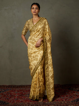 Ri.Ritu Kumar-Beige Kashida Sari And Unstitched Blouse-INDIASPOPUP.COM