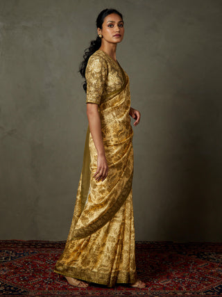 Ri.Ritu Kumar-Beige Kashida Sari And Unstitched Blouse-INDIASPOPUP.COM