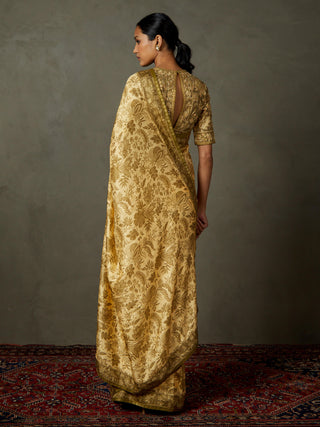 Ri.Ritu Kumar-Beige Kashida Sari And Unstitched Blouse-INDIASPOPUP.COM