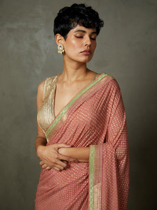 Ri.Ritu Kumar-Old Rose Sohini Sari And Unstitched Blouse-INDIASPOPUP.COM