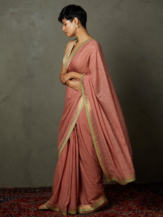 Ri.Ritu Kumar-Old Rose Sohini Sari And Unstitched Blouse-INDIASPOPUP.COM