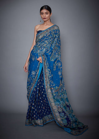 Ri.Ritu Kumar-Royal & Turquoise Sari And Unstitched Blouse-INDIASPOPUP.COM
