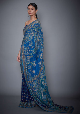 Ri.Ritu Kumar-Royal & Turquoise Sari And Unstitched Blouse-INDIASPOPUP.COM