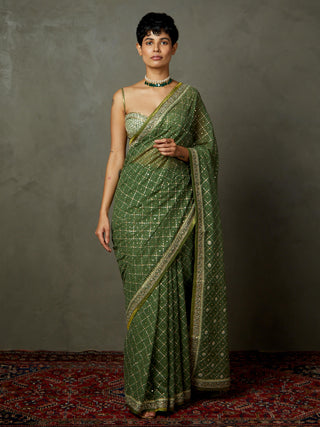 Ri.Ritu Kumar-Khaki Ari Sari With Unstitched Blouse-INDIASPOPUP.COM