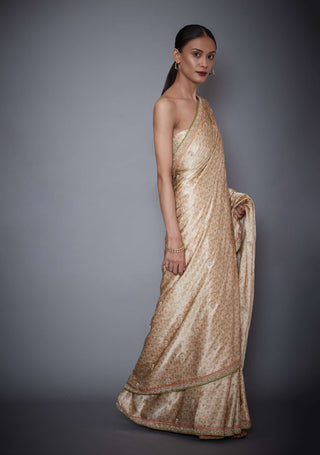 Ri.Ritu Kumar-Beige Embroidered Sari With Unstitched Blouse-INDIASPOPUP.COM
