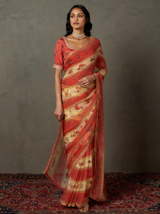 Ri.Ritu Kumar-Peach Mukesh Dahlia Sari And Unstitched Blouse-INDIASPOPUP.COM