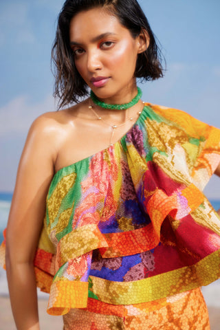 Flame Coor Ruffle Top And Pants by Siddhartha Bansal, available on Indiaspopup.com