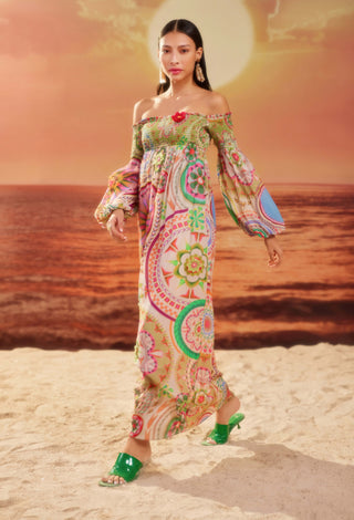 Multicolor Smocking Off-Shoulder Dress by Siddhartha Bansal, available on Indiaspopup.com