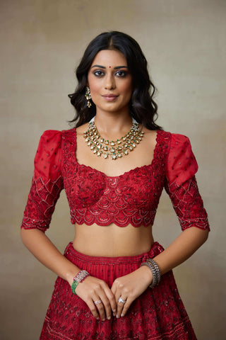 Scarlet red silk organza lehenga set