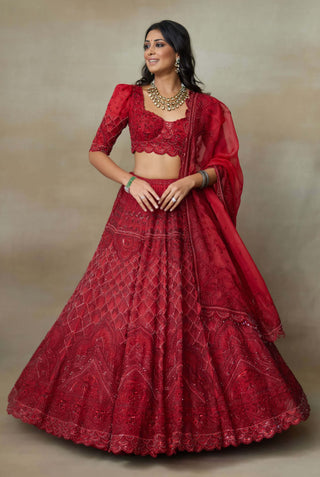 Scarlet red silk organza lehenga set