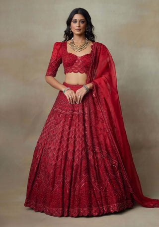 Scarlet red silk organza lehenga set