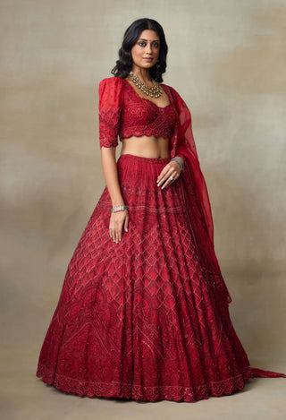 Scarlet red silk organza lehenga set