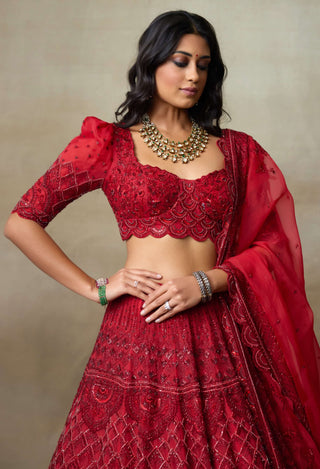 Scarlet red silk organza lehenga set