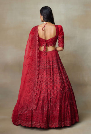 Scarlet red silk organza lehenga set