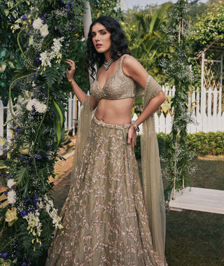 Chamee And Palak-Serena Dusty Green Lehenga Set-INDIASPOPUP.COM