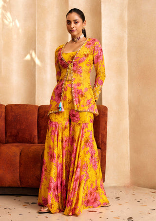 Sanya Gulati-Yellow Print Short Jacket And Sharara Set-INDIASPOPUP.COM