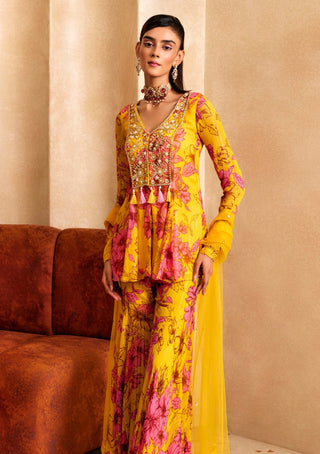Sanya Gulati-Yellow Floral Print A-Line Kurta And Sharara Set-INDIASPOPUP.COM