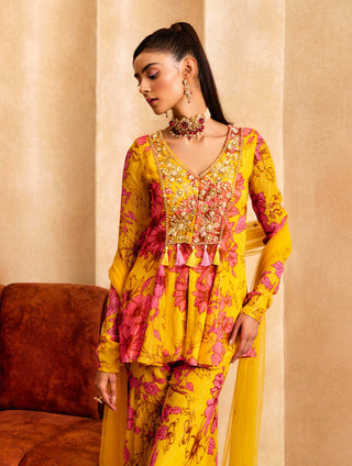 Sanya Gulati-Yellow Floral Print A-Line Kurta And Sharara Set-INDIASPOPUP.COM