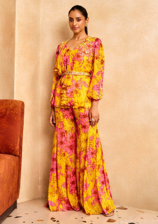 Sanya Gulati-Yellow Floral Print Kurta And Sharara Set-INDIASPOPUP.COM