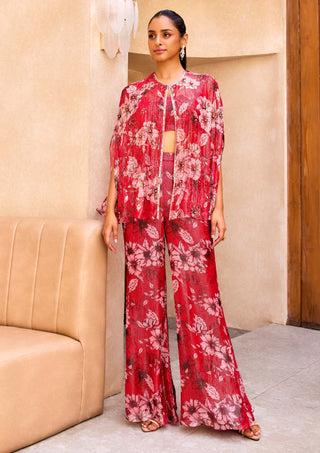 Sanya Gulati-Red Floral Print Cape And Pant Set-INDIASPOPUP.COM