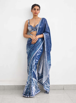 Swirl sequence blue sari and blouse