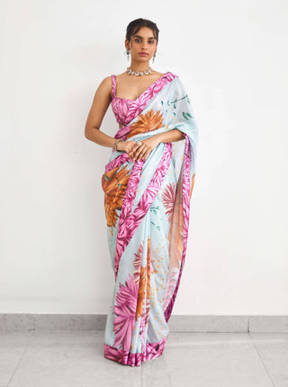 Bright flower blue and pink sari and blouse