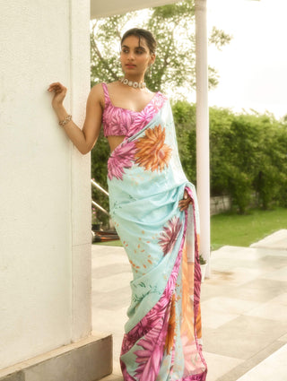 Bright flower blue and pink sari and blouse