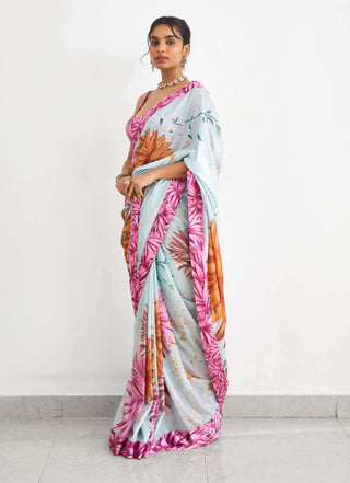 Bright flower blue and pink sari and blouse