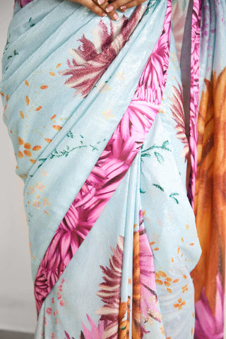 Bright flower blue and pink sari and blouse