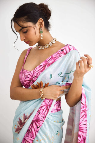 Bright flower blue and pink sari and blouse