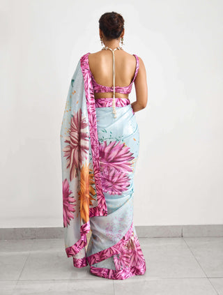 Bright flower blue and pink sari and blouse
