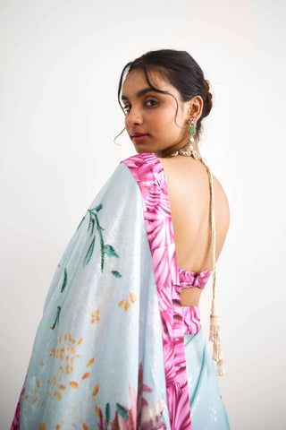 Bright flower blue and pink sari and blouse