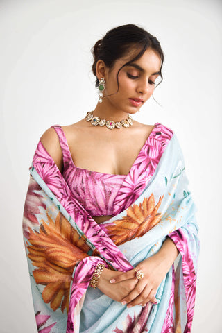 Bright flower blue and pink sari and blouse