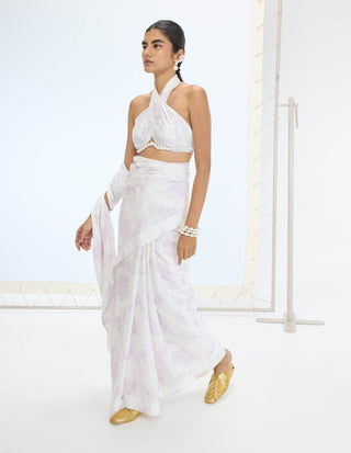 Off-white ruby sari and unstitched blouse