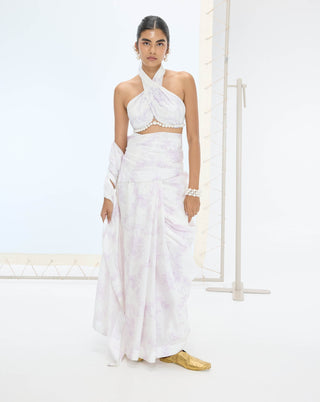 Off-white ruby sari and unstitched blouse