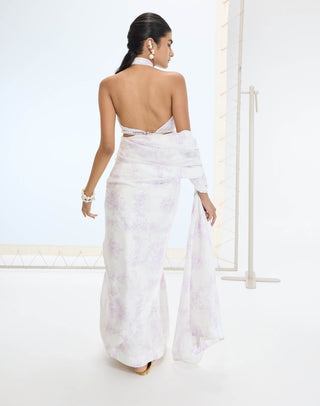 Off-white ruby sari and unstitched blouse