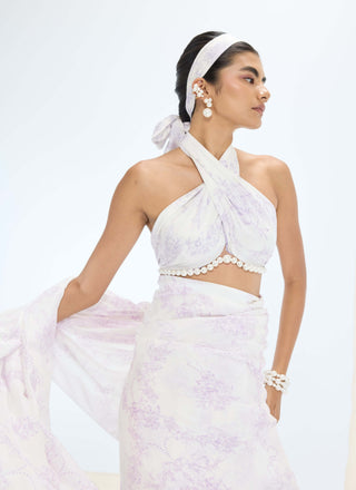 Off-white ruby sari and unstitched blouse