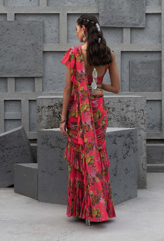 Chhavvi Aggarwal-Raspberry Pink Printed Sari Set-INDIASPOPUP.COM