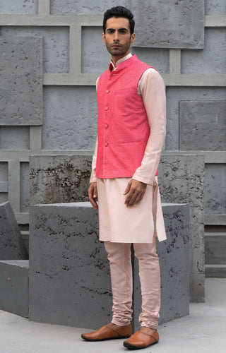 Chhavvi Aggarwal Men-Coffee Kurta And Pink Bundi Set-INDIASPOPUP.COM