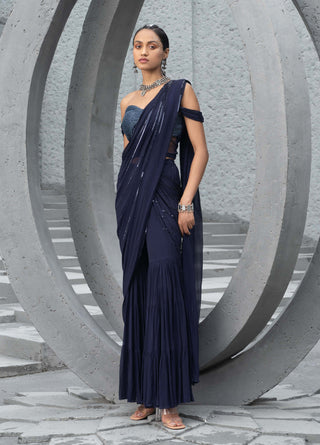 Chhavvi Aggarwal-Navy Blue Sharara Sari With Corset-INDIASPOPUP.COM