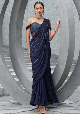 Chhavvi Aggarwal-Navy Blue Sharara Sari With Corset-INDIASPOPUP.COM