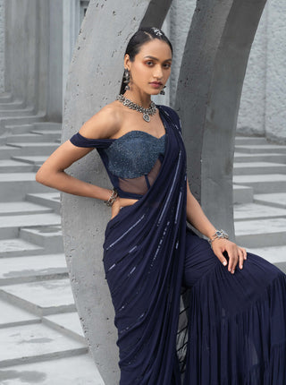 Chhavvi Aggarwal-Navy Blue Sharara Sari With Corset-INDIASPOPUP.COM