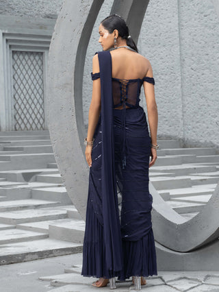 Chhavvi Aggarwal-Navy Blue Sharara Sari With Corset-INDIASPOPUP.COM