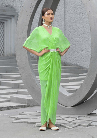 Chhavvi Aggarwal-Lime Green Printed Kaftan Dress-INDIASPOPUP.COM