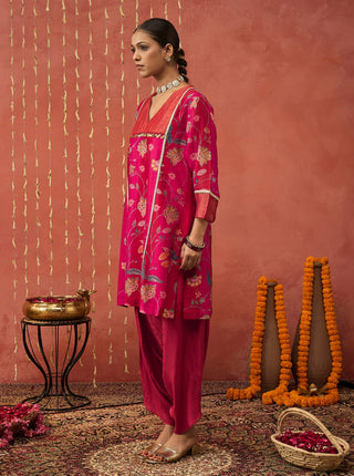 Red Rati Chintz Chanderi Short Kurta And Dhoti by Shivani Bhargava available on Indiaspopup.com