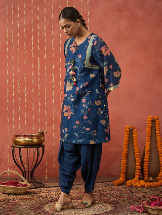 Blue Vadhu Chintz Short Kurta And Dhoti by Shivani Bhargava available on Indiaspopup.com