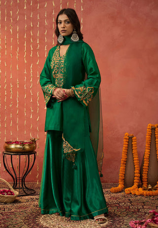 Emerald Green Silk Embroidered Short Kurta And Sharara Set by Shivani Bhargava available on Indiaspopup.com