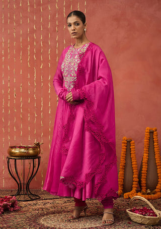 Fuchsia Pink Shubha Embroidered Anarkali Set by Shivani Bhargava available on Indiaspopup.com